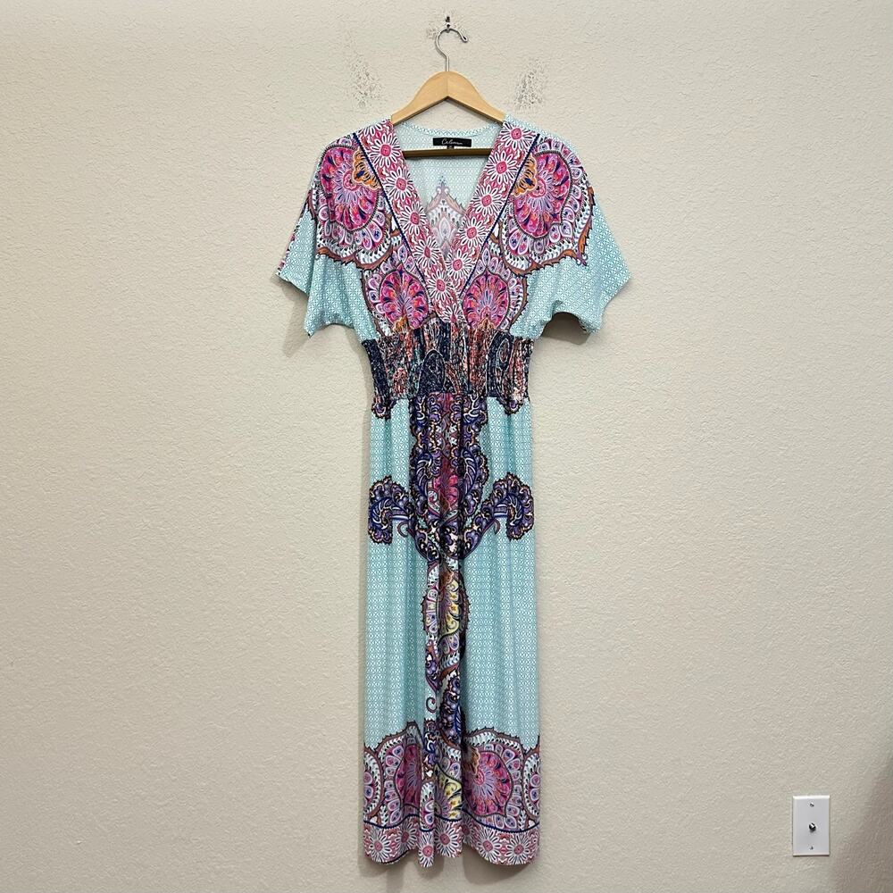 CALESAS Maxi Dress Multicolor Floral Smocked SS Bohemian Babydoll NWOT